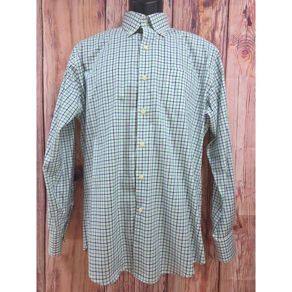 Peter Millar Mens Medium Green & Blue Check Dress Shirt 100% Cotton - Picture 1 of 7